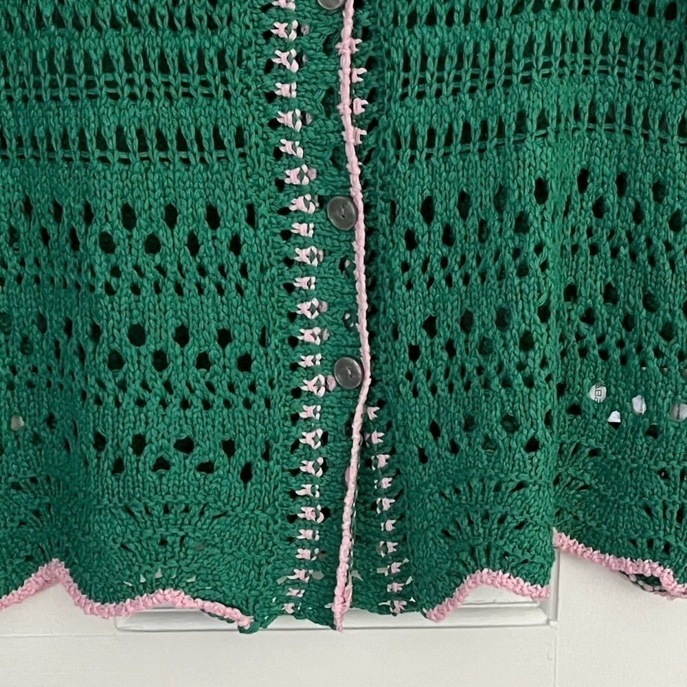 FREE PEOPLE Santa Cruz Club Shirt Golf Green Pink Combo Crochet Grannycore XS - Picture 7 of 16